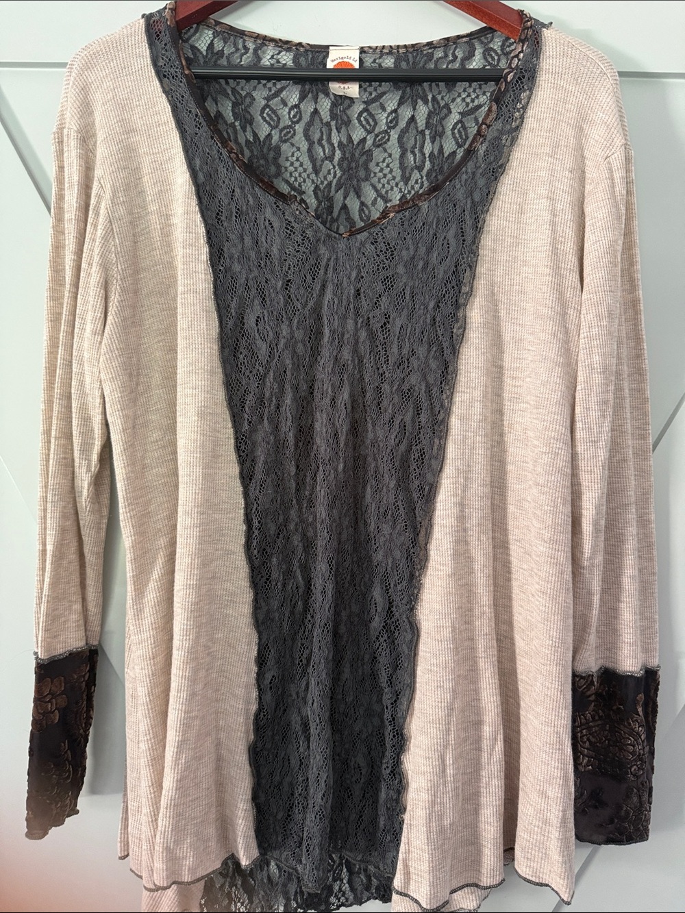 Light Taupe Robe with Charcoal Lace Panel - Women's Intimate Robe